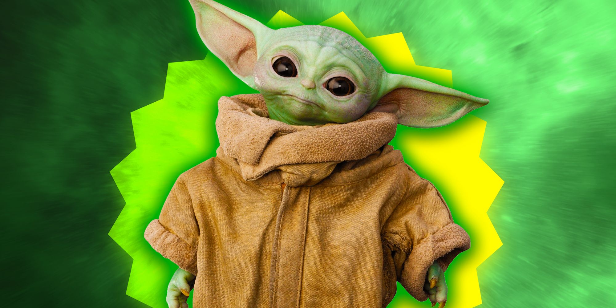 Grogu as he appears in The Mandalorian, superimposed over a dynamic green and yellow background