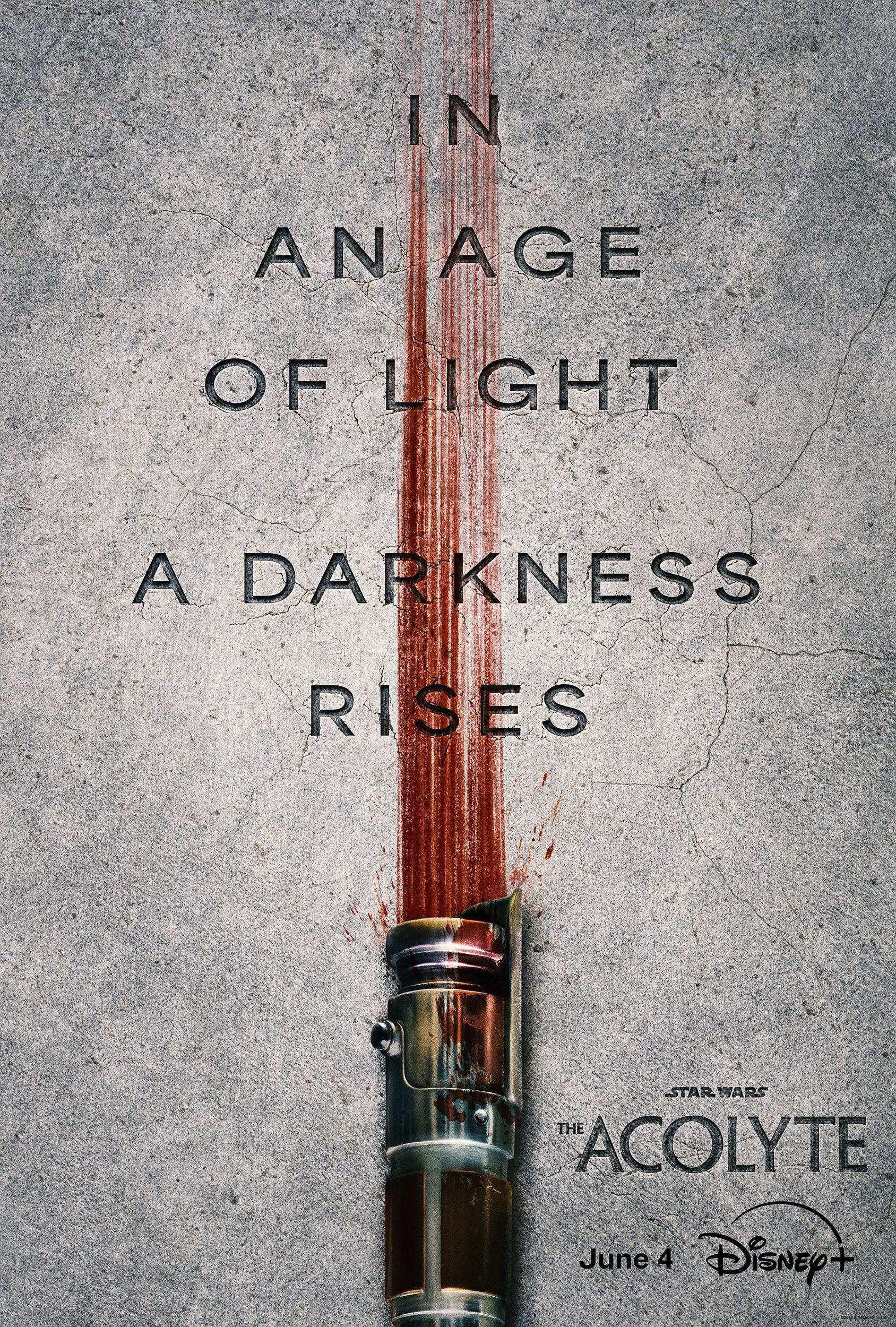Pôster do programa de TV Star Wars The Acolyte mostrando um sabre de luz no chão com uma lança de sangue semelhante à lâmina