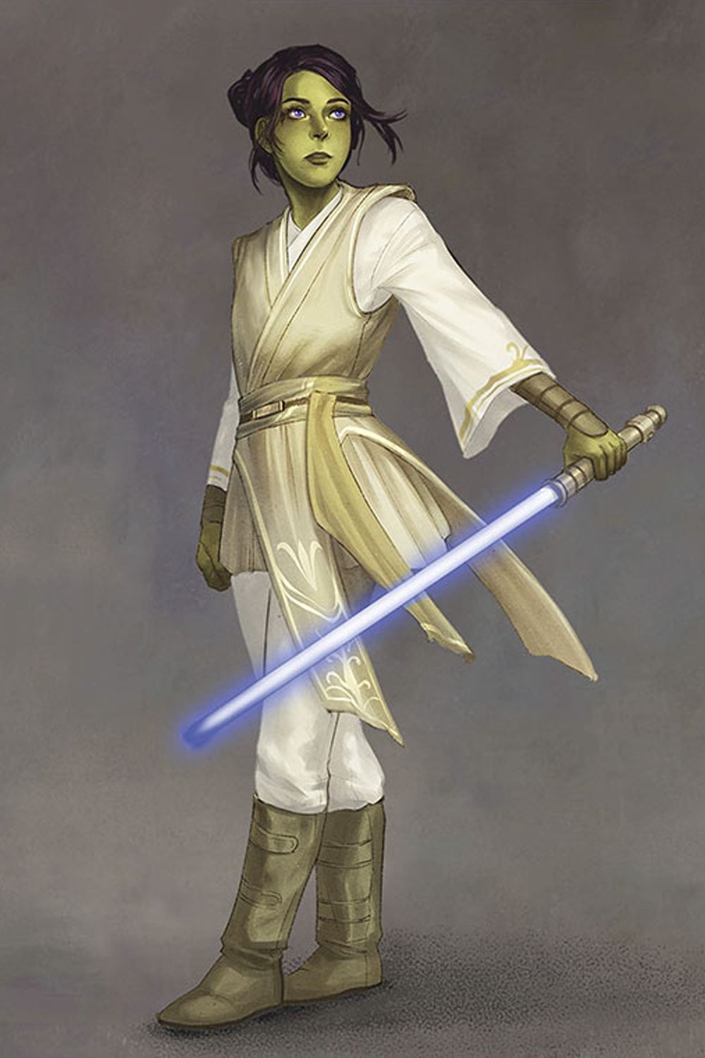 Star Wars High Republic Vernestra Ruh sosteniendo un sable de luz azul