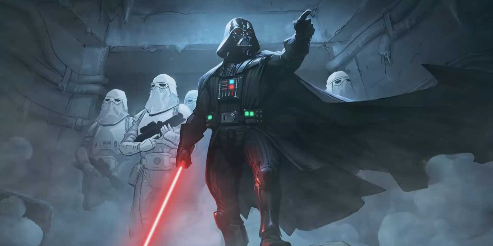 Official Star Wars Unlimited Darth Vader press art with Echo Base Stormtroopers.