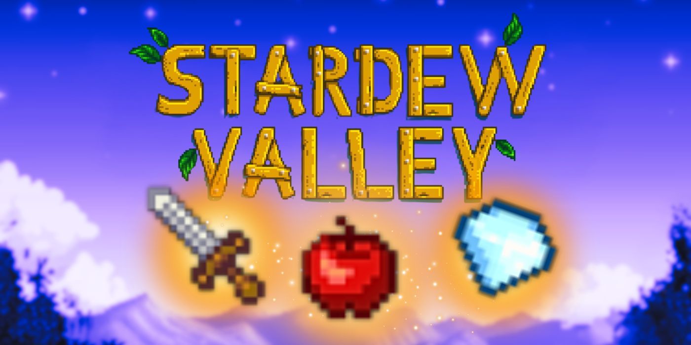 A sword, an apple, and a diamond below the Stardew Valley logo