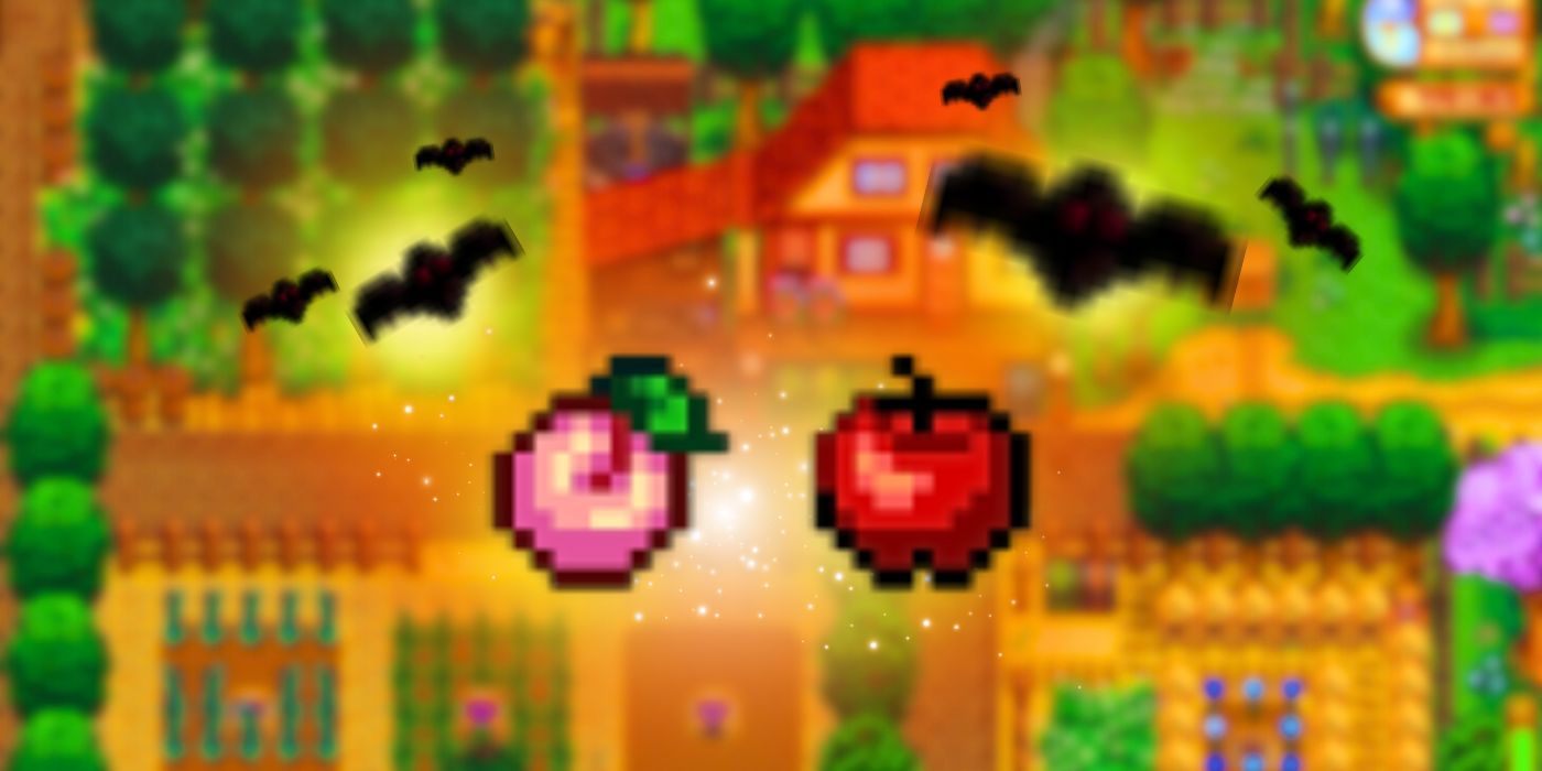 Sprites of a peach, apple and fruit bats from Stardew Valley, with a farm in the background. 