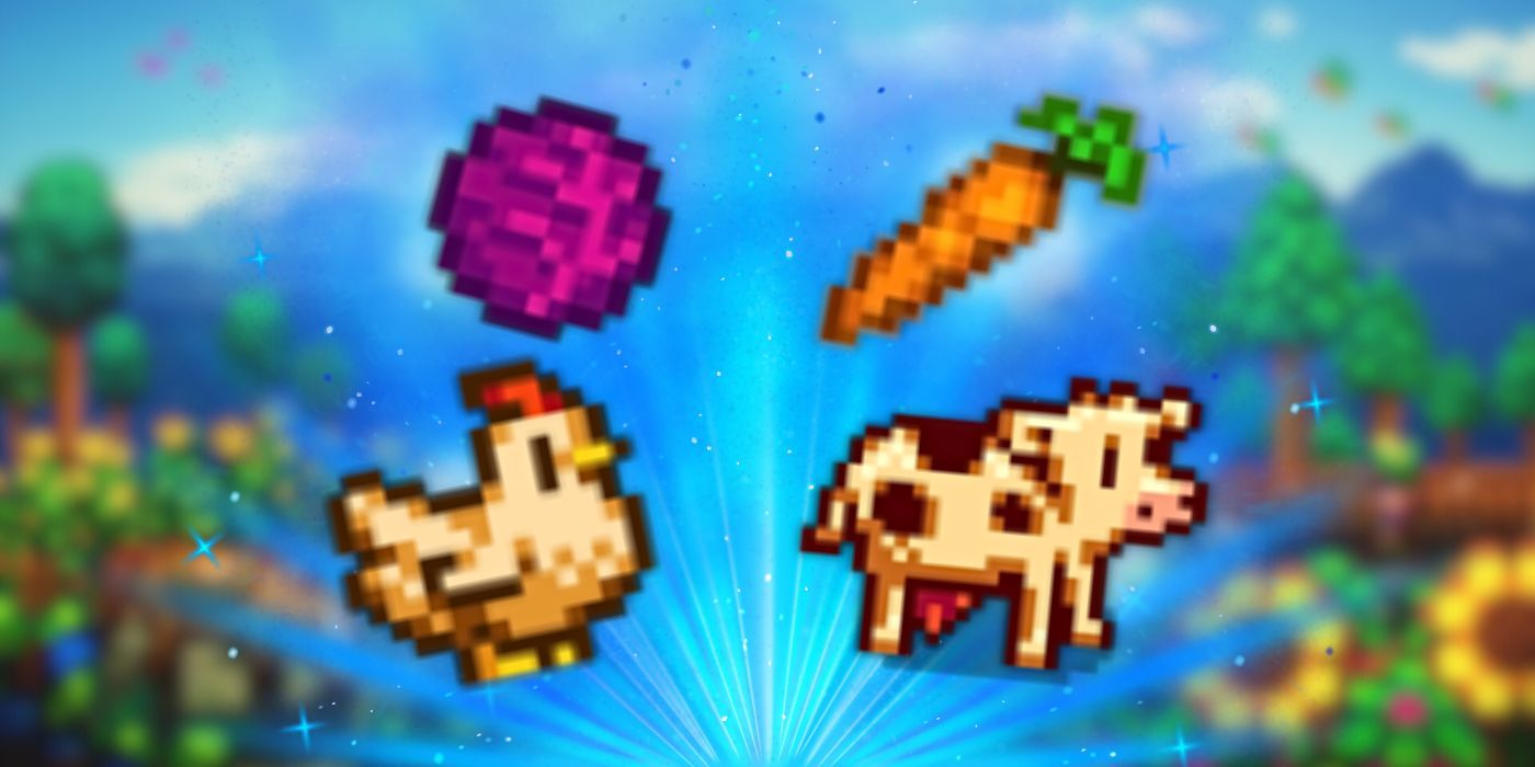 A cabbage, a carrot, a chicken, and a cow in front of a view of Pelican Town in screenshots from Stardew Valley.
