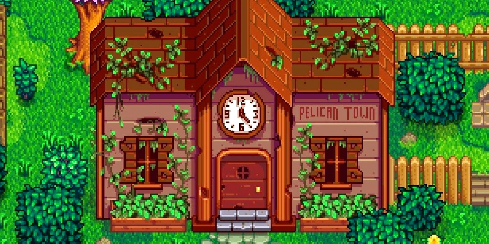The Community Center from Stardew Valley, an overgrown building with a clock above the front door.
