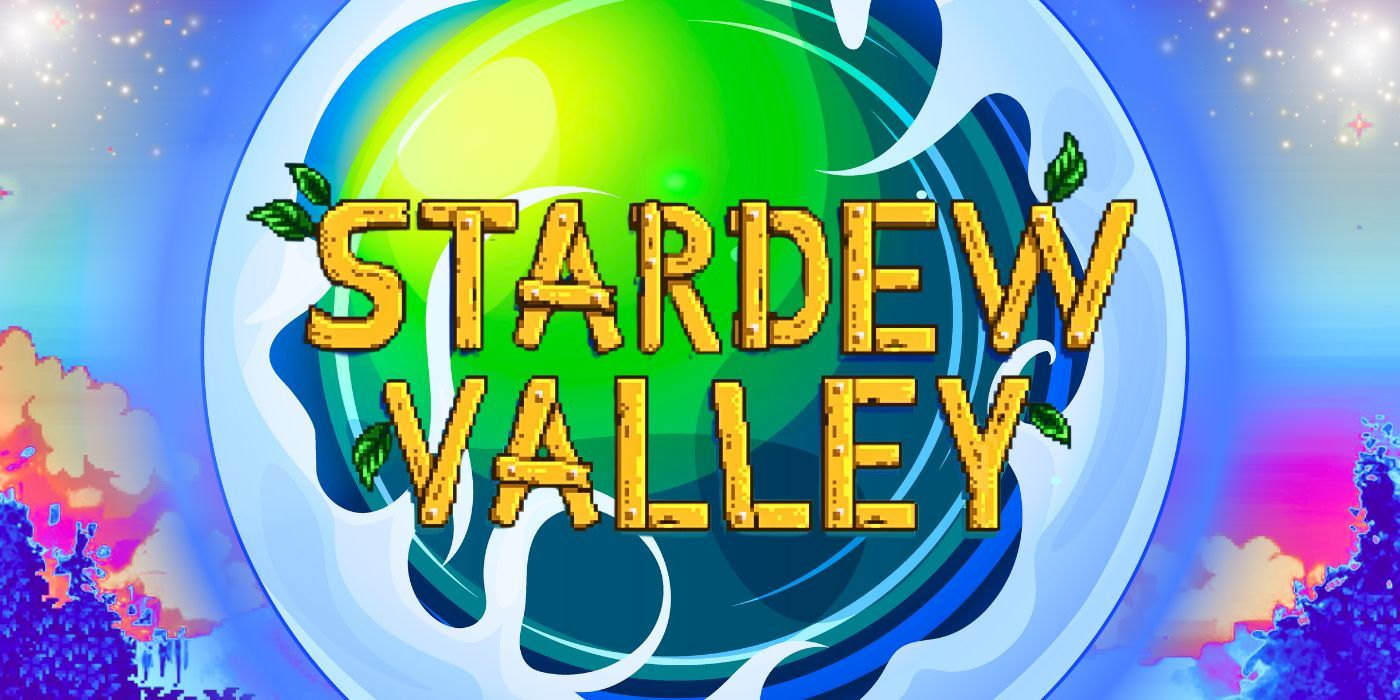 Stardew Valley Logo On Blue Starry Background With Blue And Green Orb In Foreground