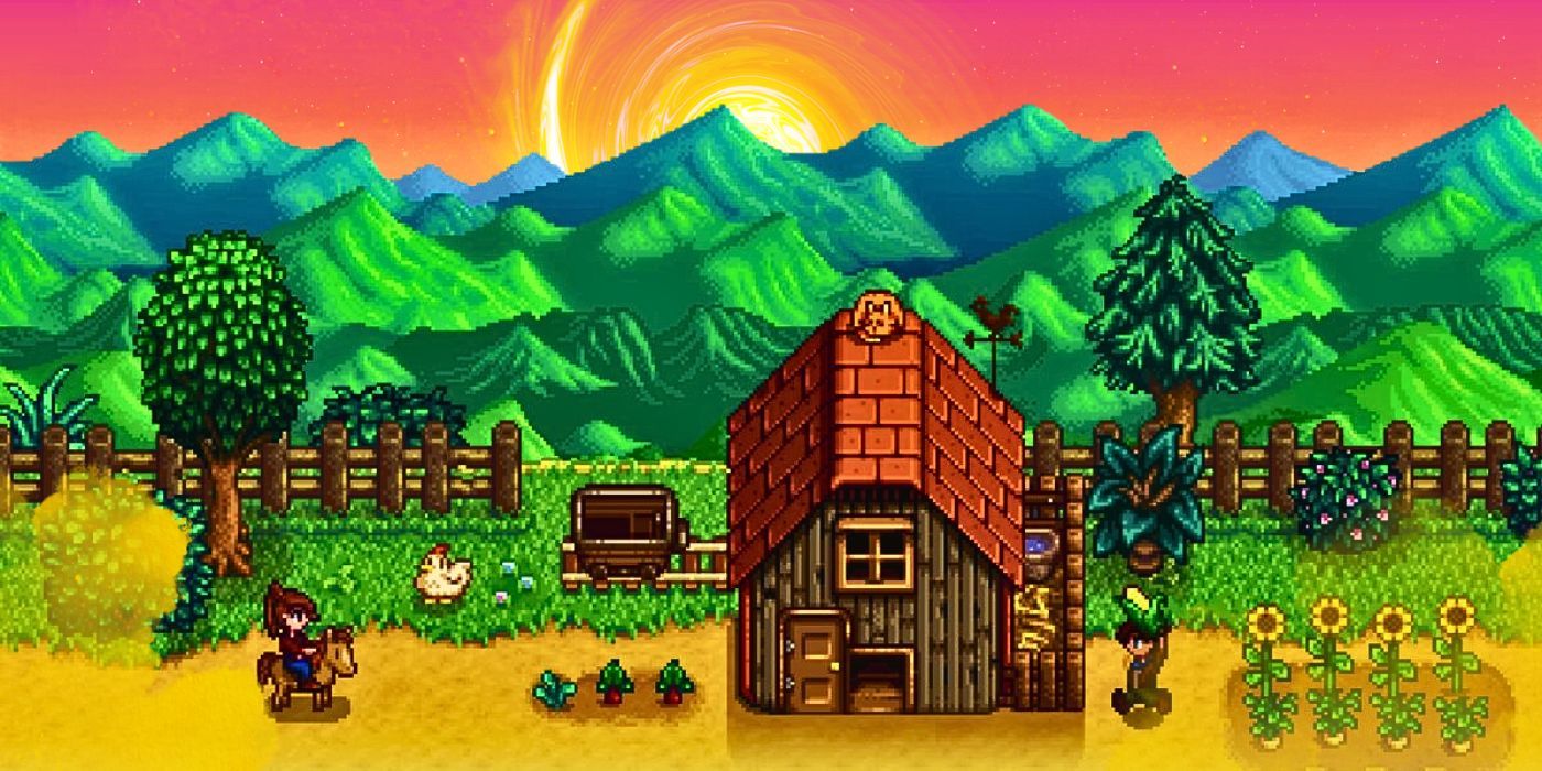 A Stardew Valley farmer rides a horse toward a chicken coop with a ginger cat sleeping on the roof. Another farmer delivers corn to the coop. A minecart and chicken sit in the background, and sunflowers sit in a line behind the second farmer. Green mountains stretch beyond them with a swirling sunset peeking over the ridges.