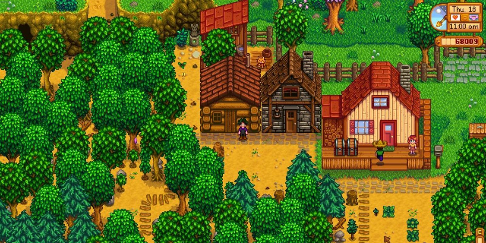 Imagem multijogador de Stardew Valley mostrando as casas de dois jogadores próximas uma da outra.