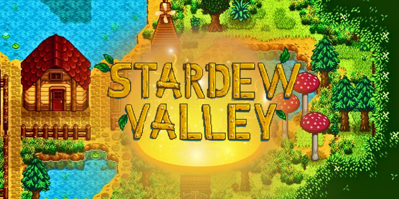 A glowing Stardew Valley logo sits against a bright farm backdrop.