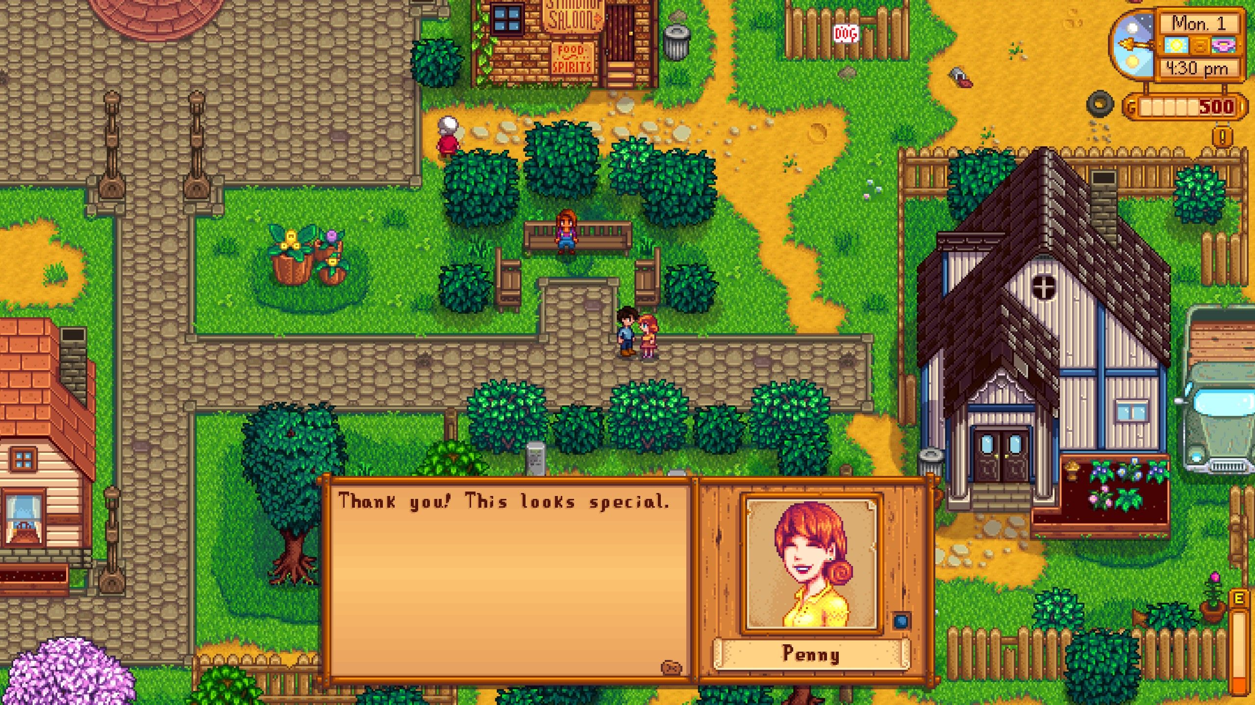 Stardew Valley Player Giving Penny A Gift Near Stardrop Saloon In Pelican Town