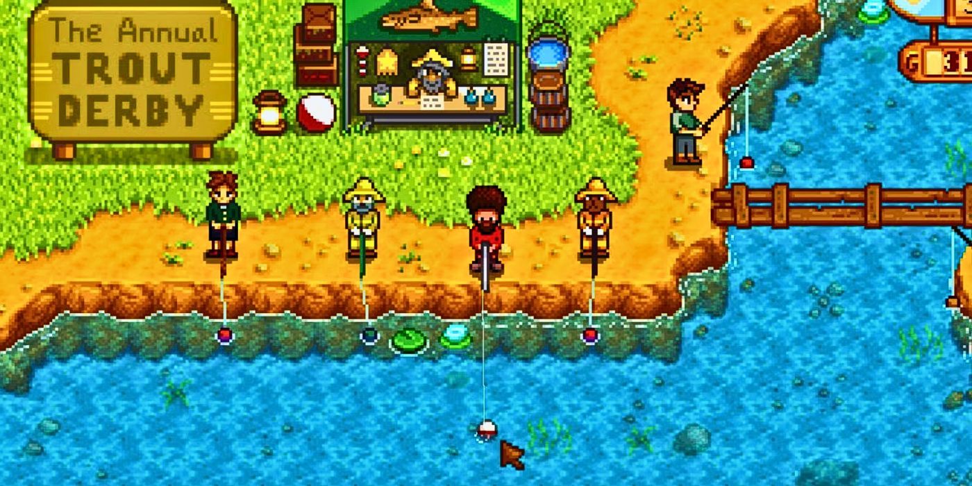 The Trout Derby Festival with players fishing for a Rainbow Trout in Stardew Valley