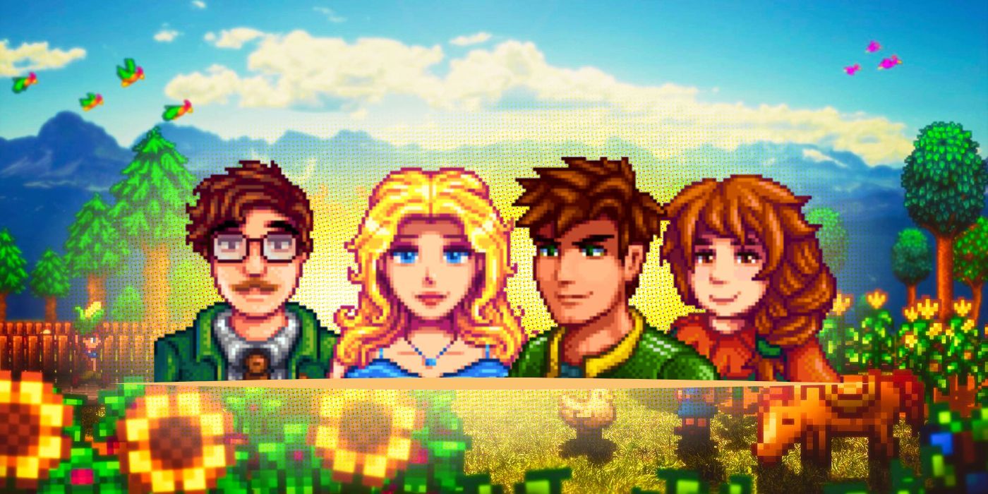 Stardew Valley characters with a glow behind them in front of a scenic farm landscape from the game.