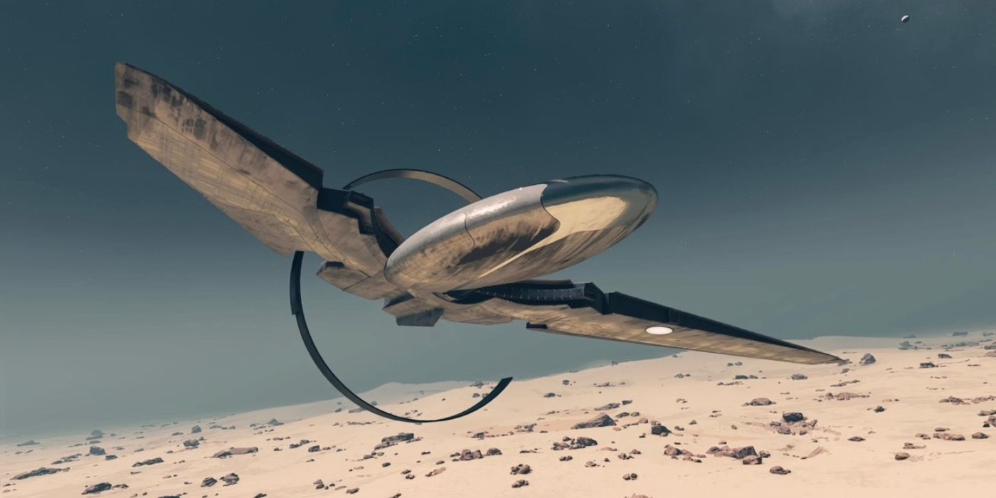 A nave Starborn sobrevoando um planeta deserto em Starfield