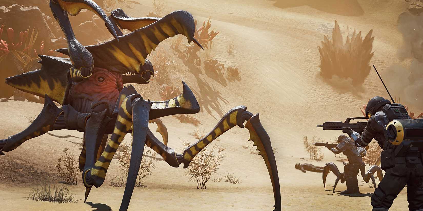 Starship Troopers Extermination - Several Troopers shooting an Arachnid