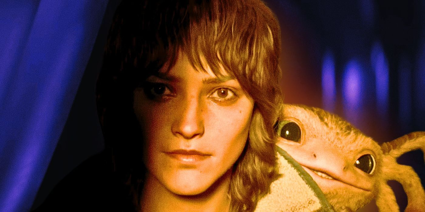 Kay Vess from Starwars Outlaws looking sad with a smiling Merqaals in the background