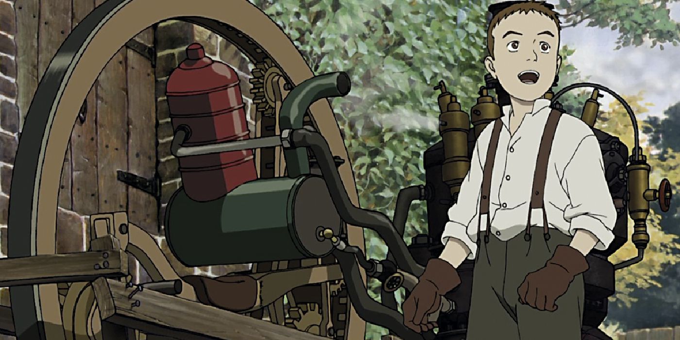 O personagem principal de Steamboy sorri ao lado de um dispositivo movido a vapor.