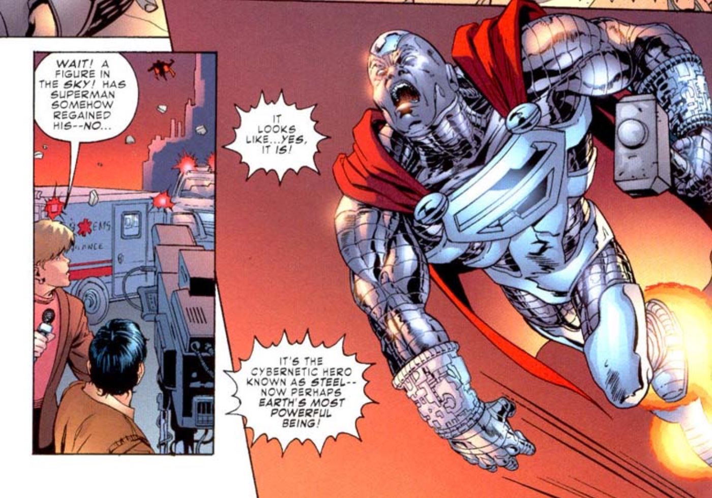 Painéis de quadrinhos: Em um mundo sem poderes, Steel é o herói mais poderoso da DC enquanto voa para lutar contra o Toyman.