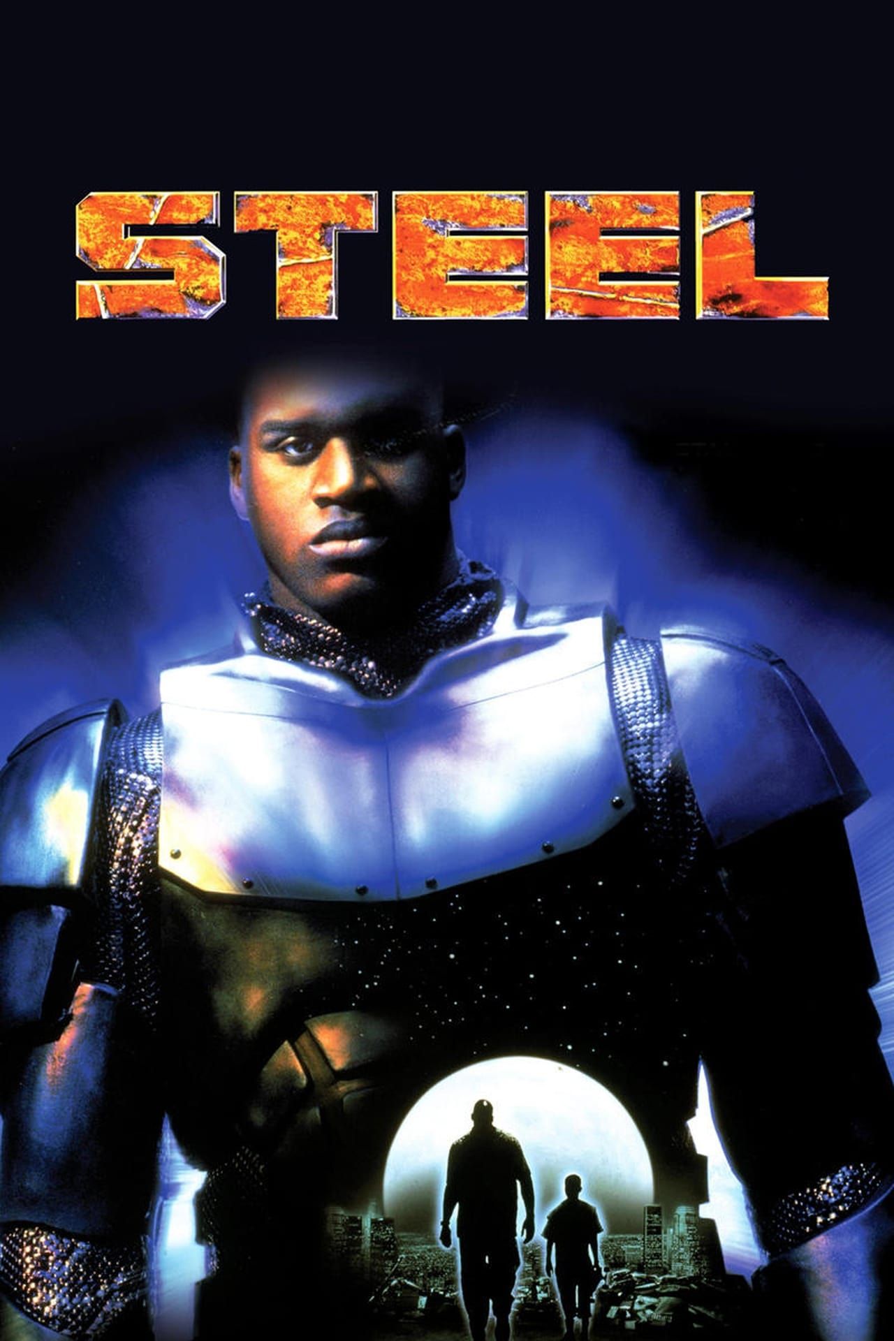 Cartaz do filme de aço mostrando Shaquille O'Neal em armadura