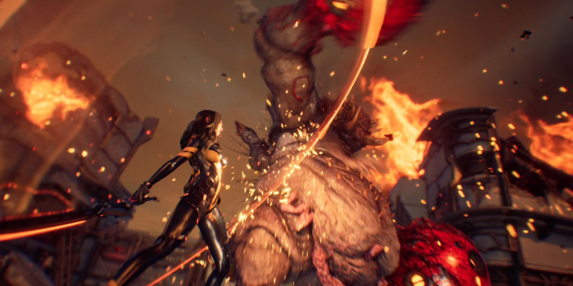 Captura de tela do jogo Stellar Blade mostra Tachy atacando o primeiro Boss.