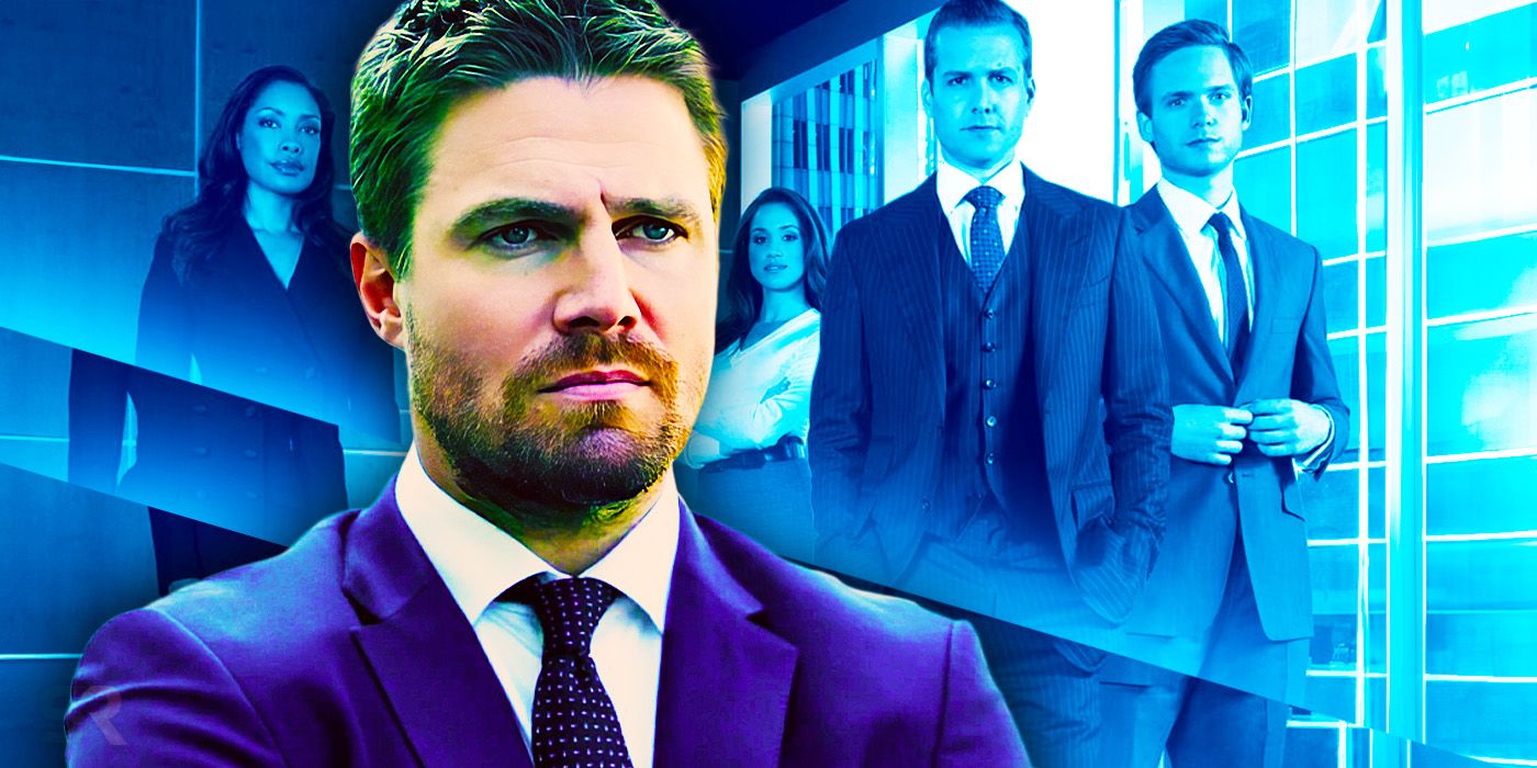 Stephen Amell in front of the cast of Suits