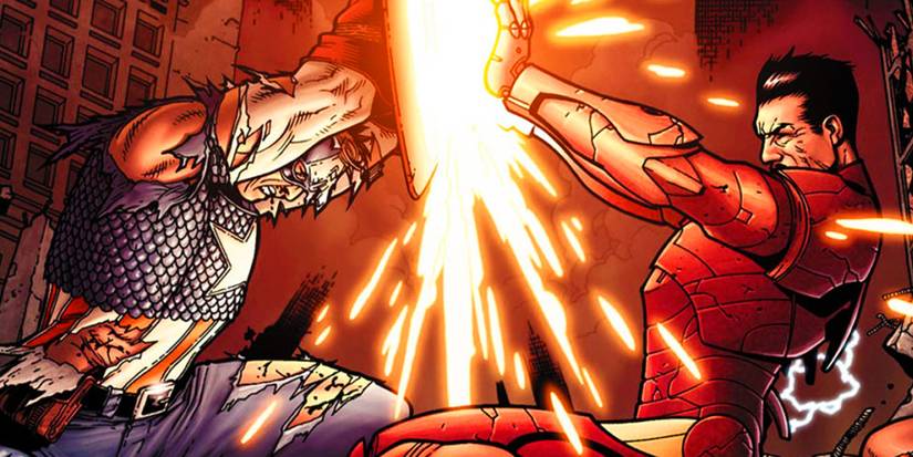 Comic book art: Steve Rogers' Captain America fighting Tony Stark's Iron Man in Marvel Comics' Civil War