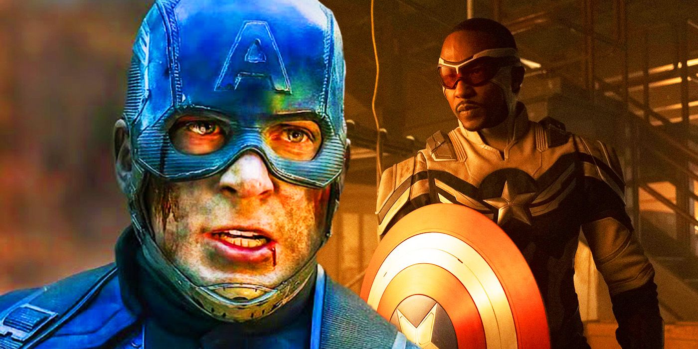 Split image of Steve Rogers' Captain America in Avengers Endgame and Sam Wilson's Captain America in The Falcon and the Winter Soldier