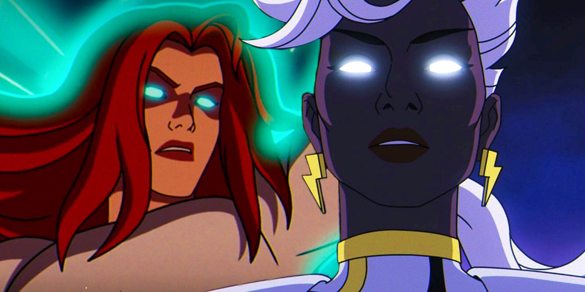 Storm e Jean Grey usando seus poderes com olhos iluminados em X-Men 97