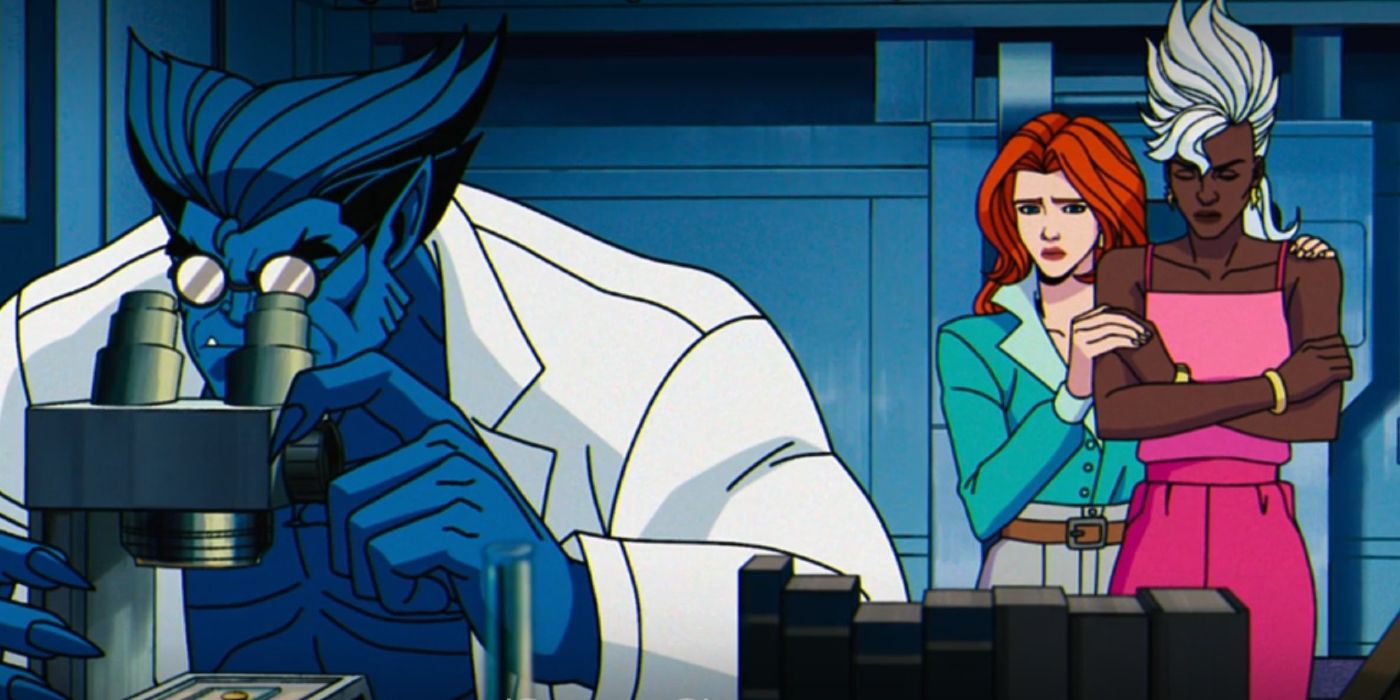 Jean abraçando Storm enquanto Hank olha através de um microscópio em X-Men 97
