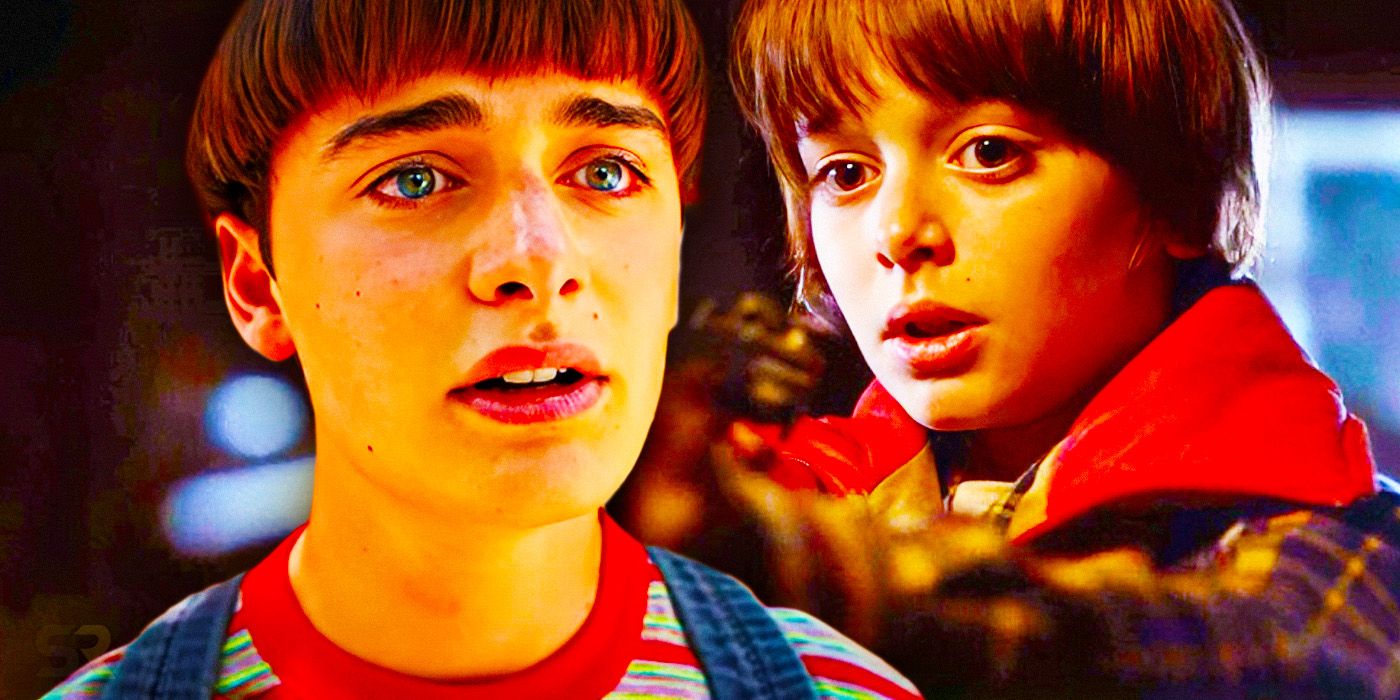Noah Schnapp as an older Will Byers side by side with a younger Will in Stranger Things