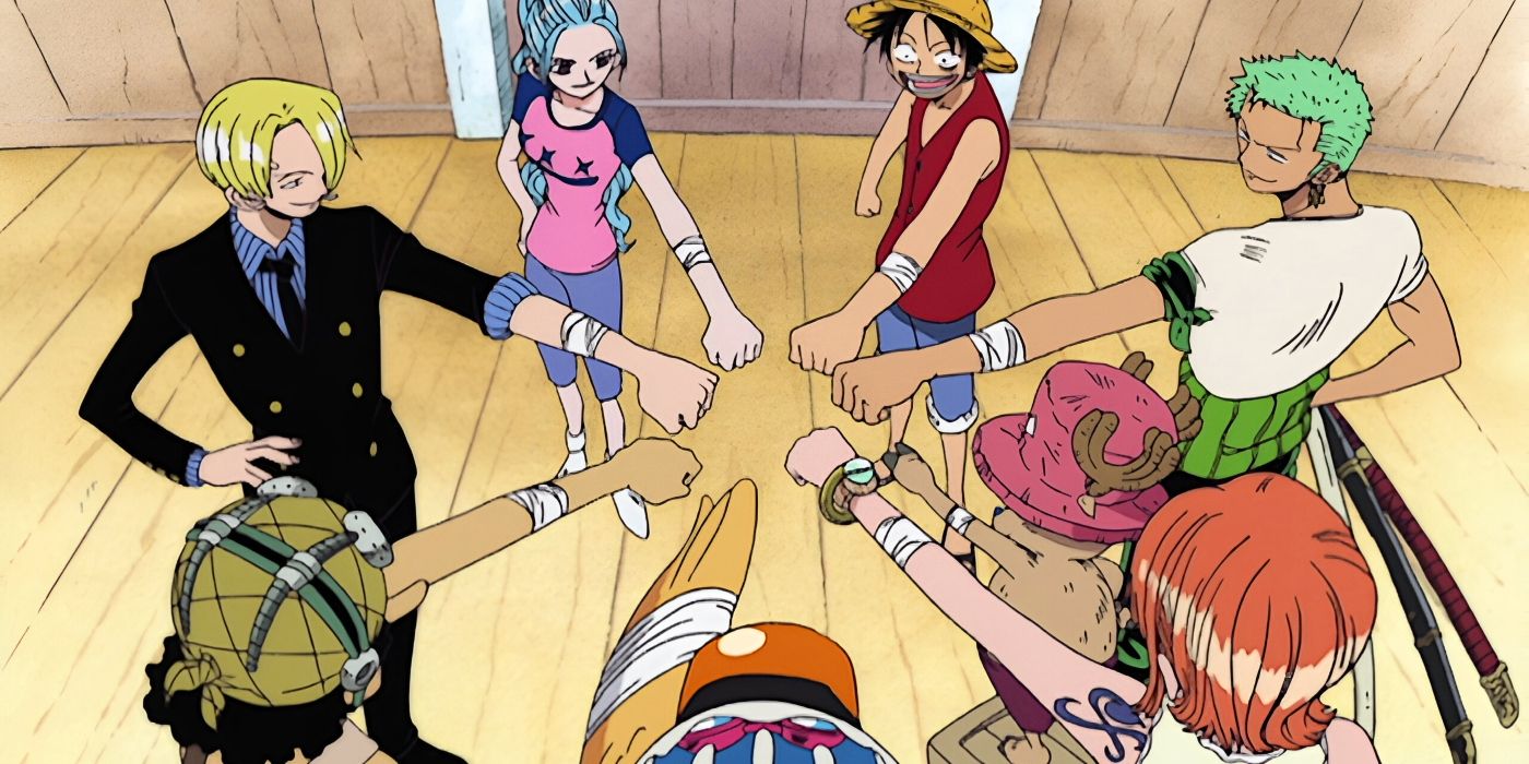 The Straw Hat Pirates and Vivi show their bandaged friendship marks before their journey to Arabasta from One Piece.