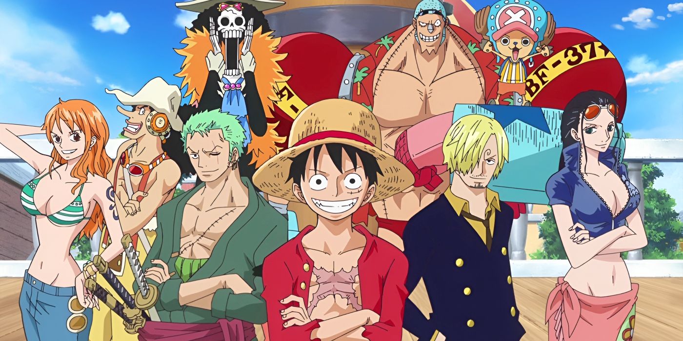 Os Piratas do Chapéu de Palha nas aparições pós-timeskip da abertura 19 de One Piece, "Pudermos!" por Kishidan e Hiroshi Kitadani.