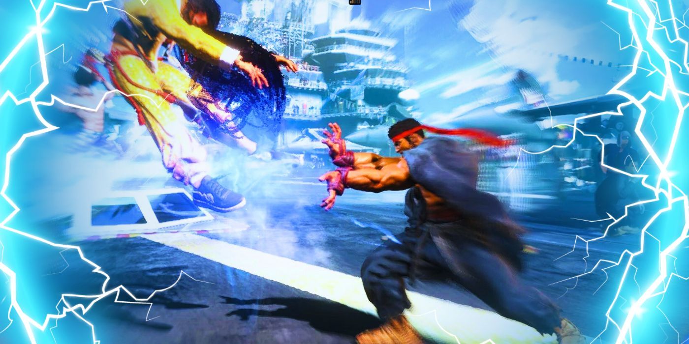 Ryu from Street Fighter blasting Jamie with a hadouken.