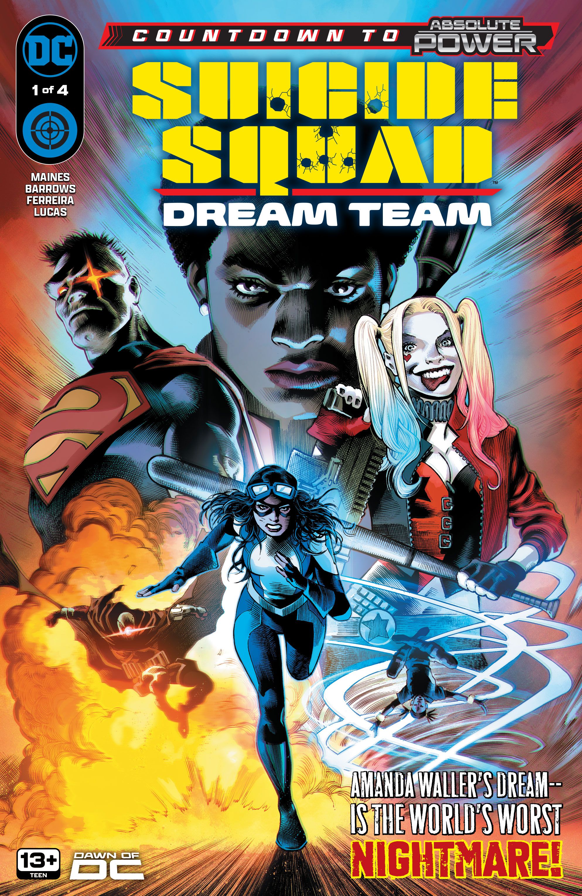 Suicide Squad Dream Team 1 Main Cover: Dreamer, Harley Quinn, and other Squad members run from a blast.