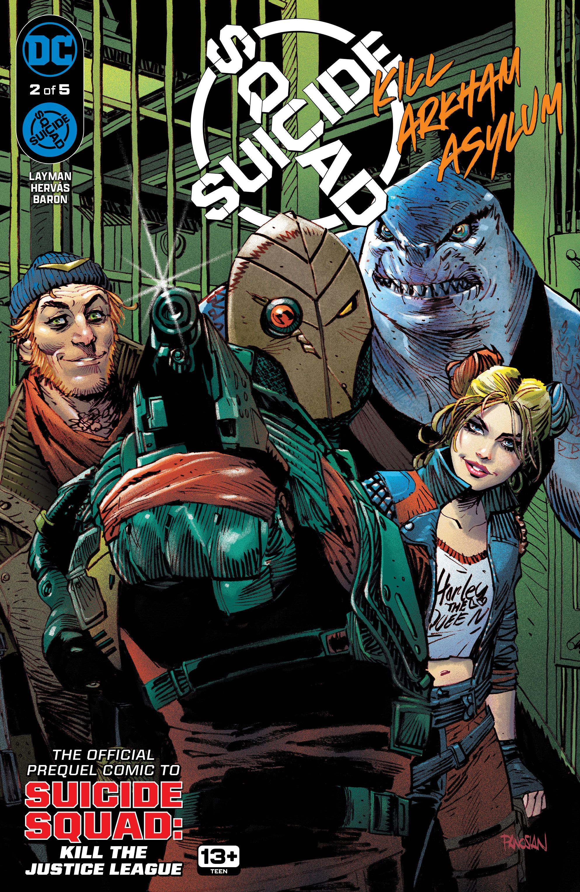 Suicide Squad Kill Arkham Asylum #2 cover featuring Harley Quinn, King Shark, Captain Bommerang, and Deadshot