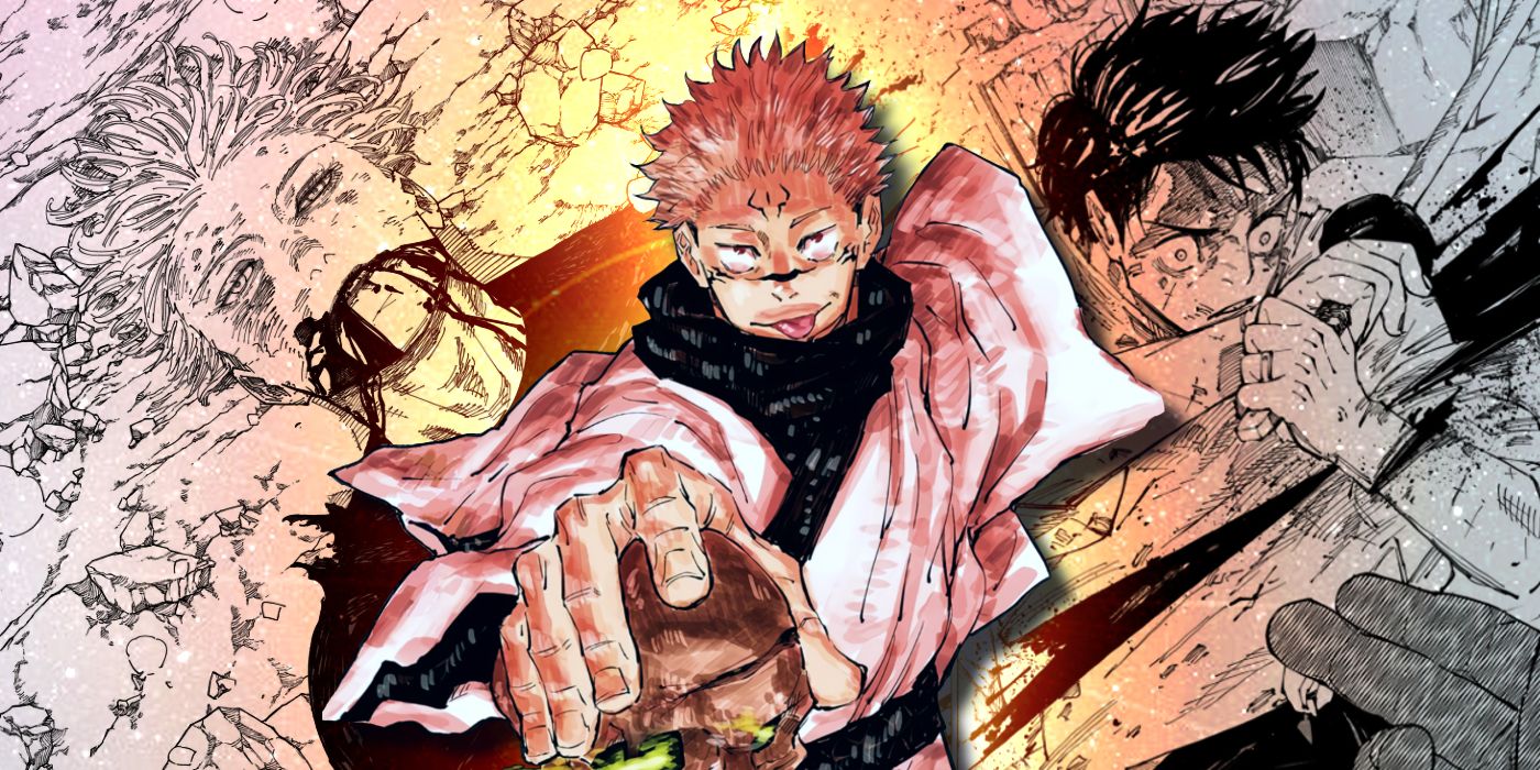 Sukuna in the center sticking his tongue out as he reaches out with a skull in his hand with gojo to the left with blood coming out of his mouth and yuta to the right looking shocked after being sliced in half in Jujutsu Kaisen