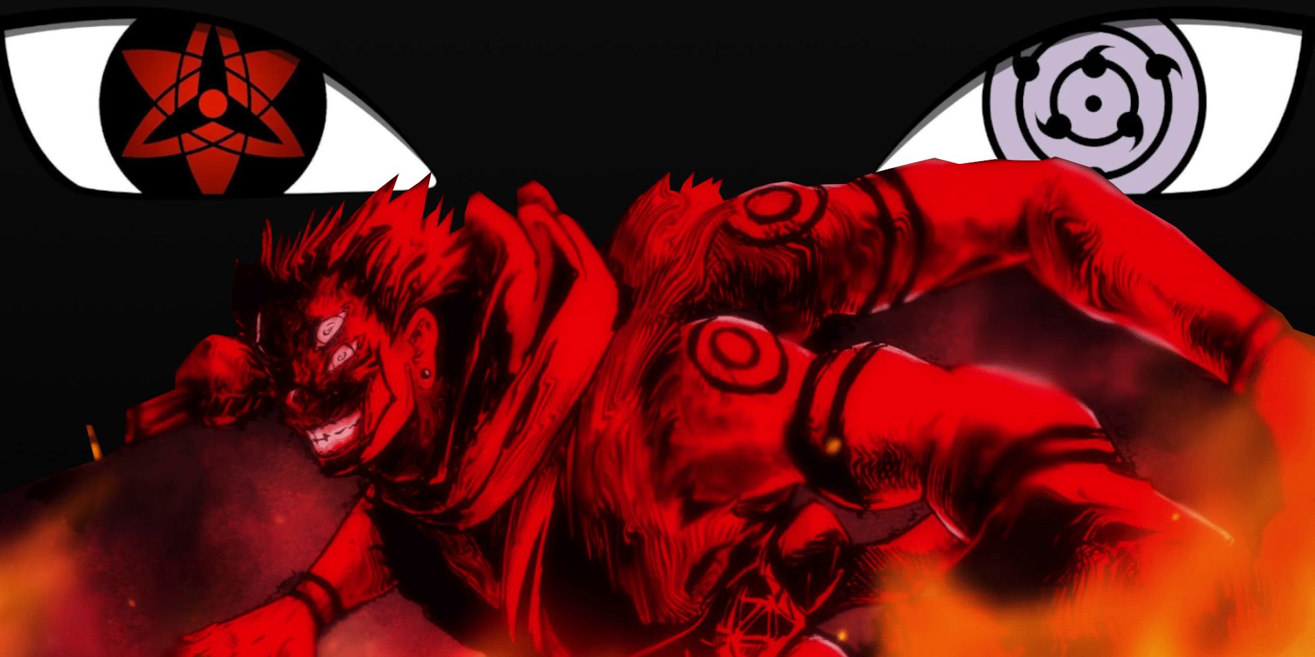 Image shows a red siloutte of Jujutsu Kaisen's Sukuna is possibly his final form with Sasuke's Sharingan and Rinnegan eyes from the Naruto series in the background.
