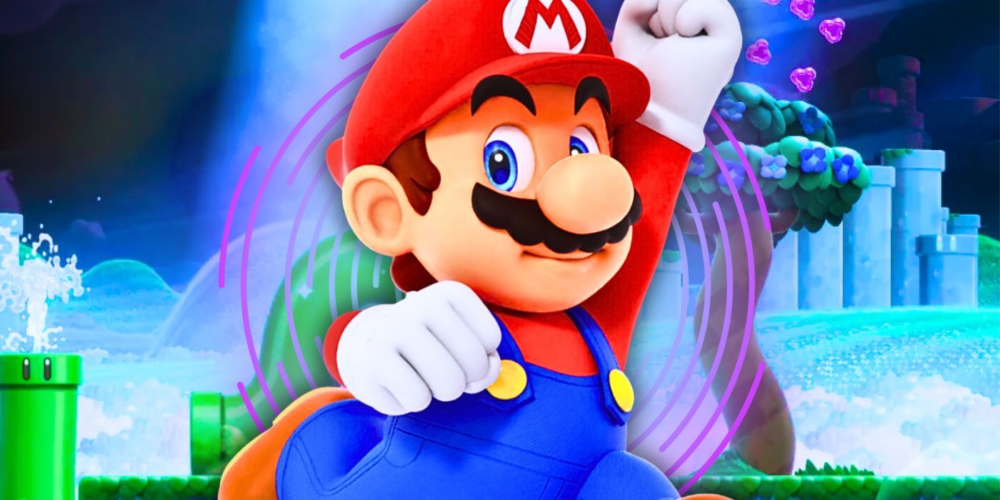 Mario from Super Mario Bros. Wonder on a background from the game 