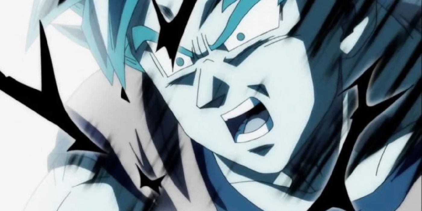 Super Saiyan Blue Goku surprised in Dragon Ball Super.
