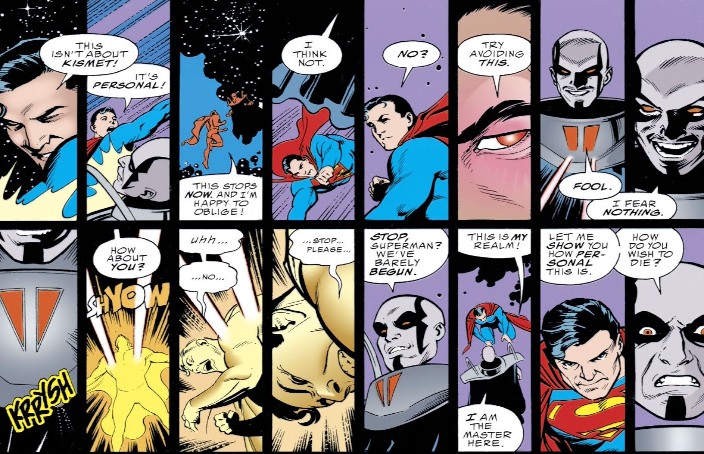 Comic book panels: Superman Faces Off Against Dominus
