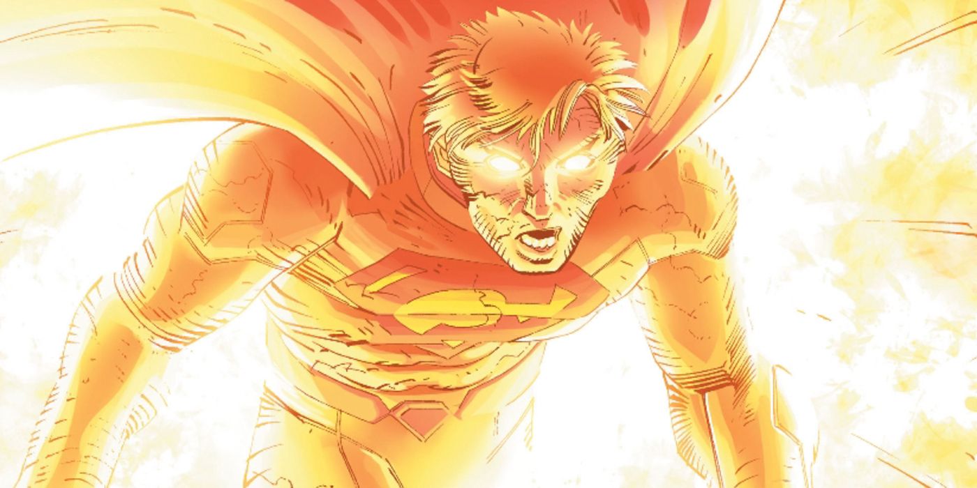 Um painel cômico mostrando o Superman aproveitando o poder do sol, resultando em todo o seu corpo emitindo uma luz dourada.