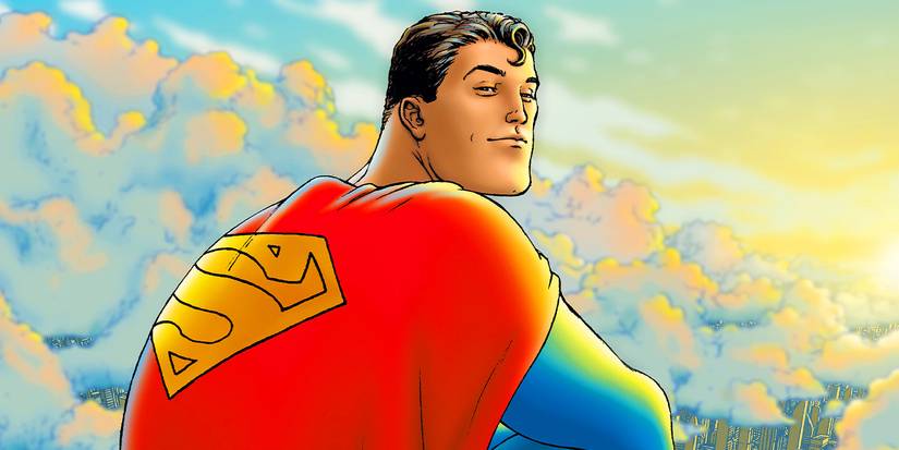 Comic book art: Superman sits on a cloud in the sky with his back to to the viewer.