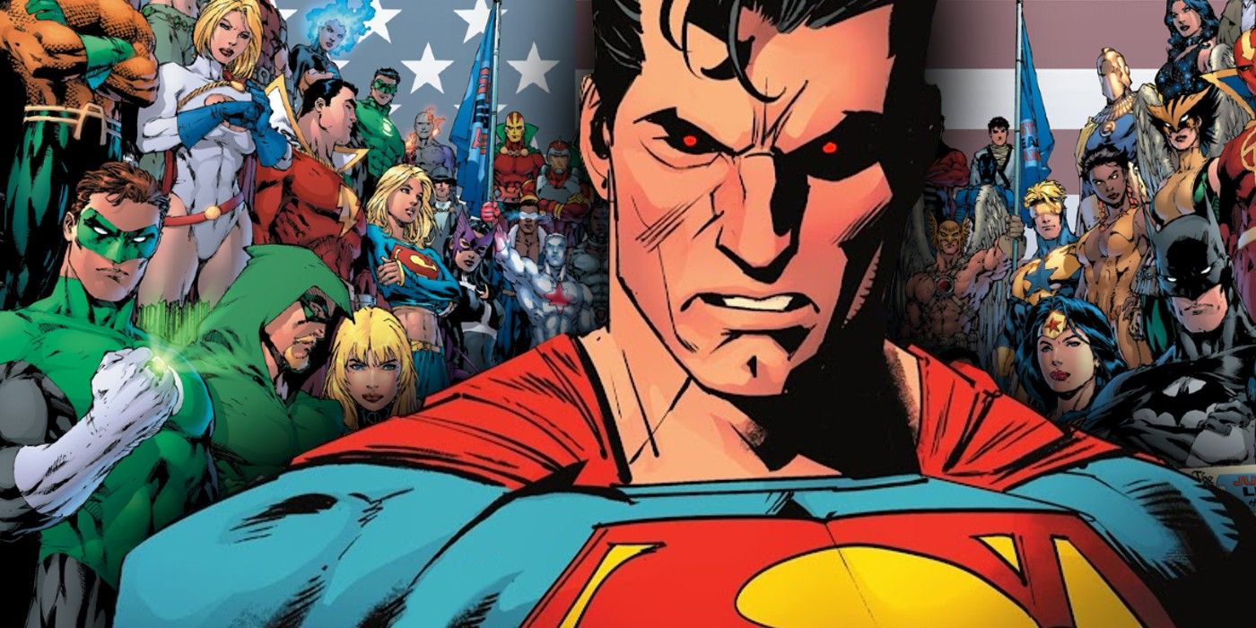superman looking angrily at the assembled justice league of america