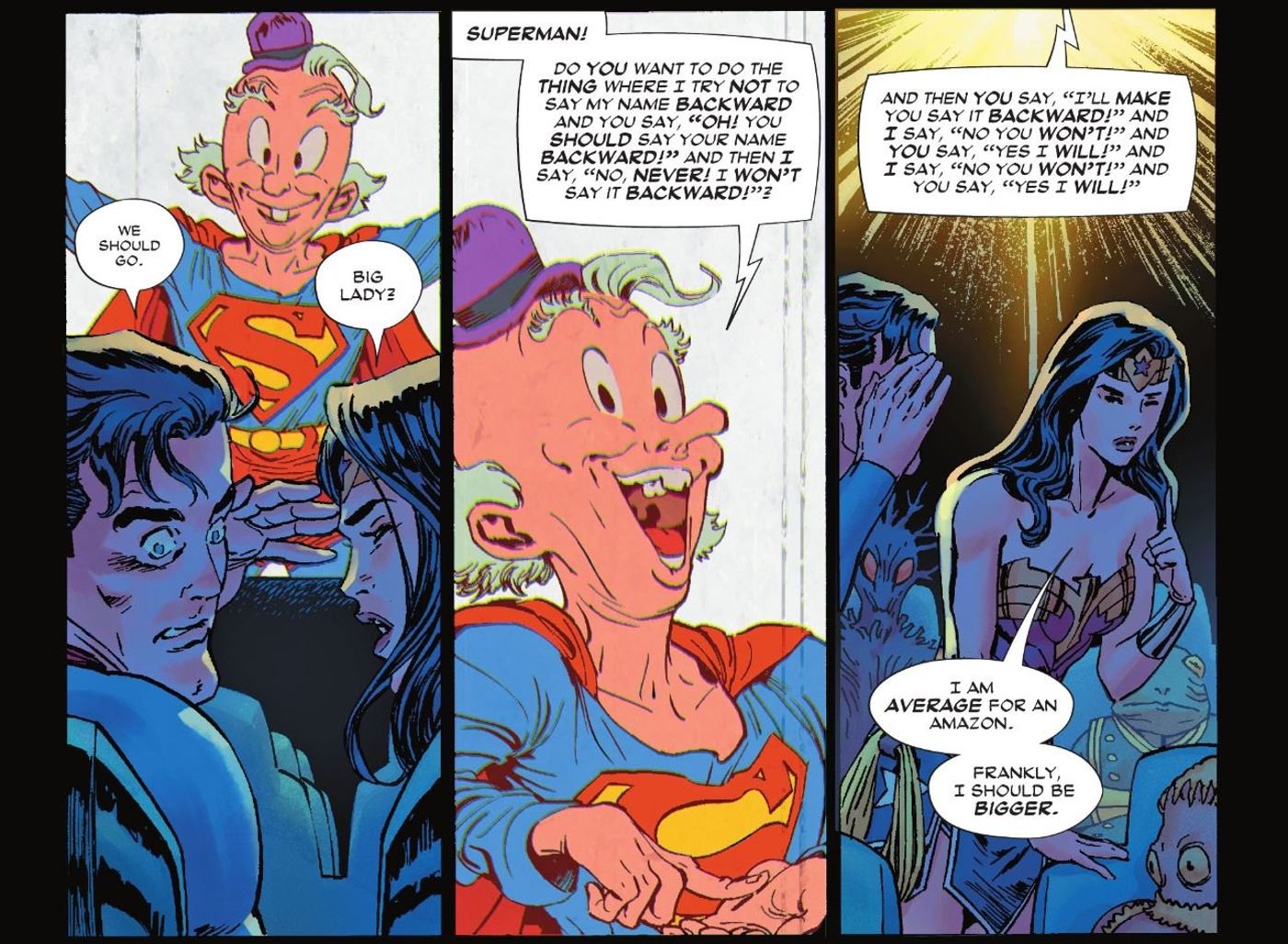 Superman mortificado ao ver Mxyzptlk DC