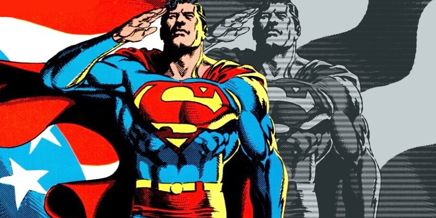 Superman saudando a bandeira americana, mas com efeito de distorção