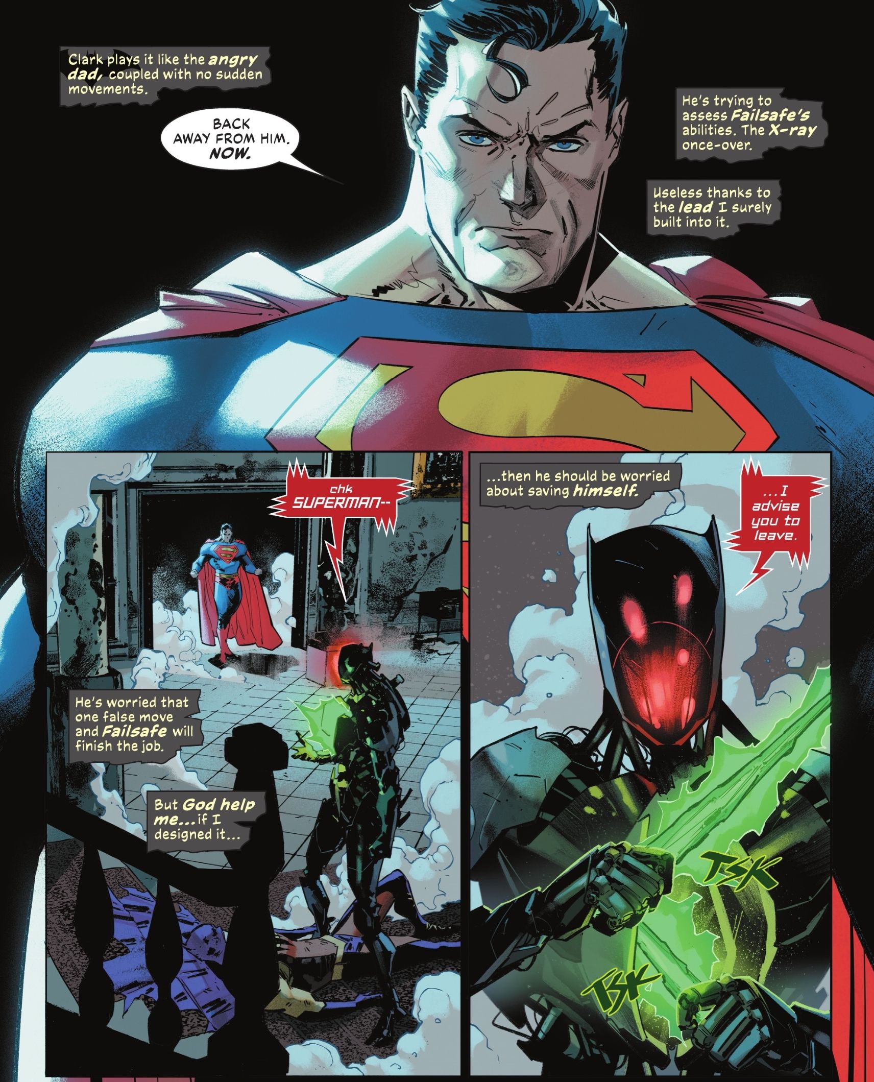 Failsafe está prestes a matar Batman;  Superman se aproxima do robô e diz para ele se afastar.