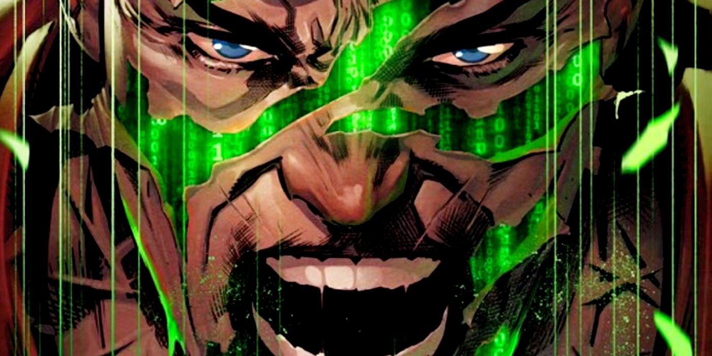 superman with matrix machine code visible through his tearing skin