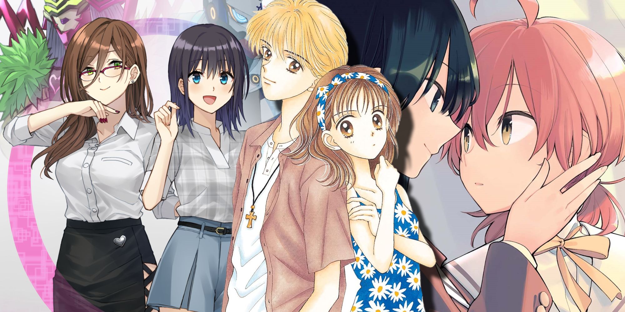 Superwomen in Love, Bloom Into You, and Marmalade Boy in a collage style image depicting the main couples from each series.