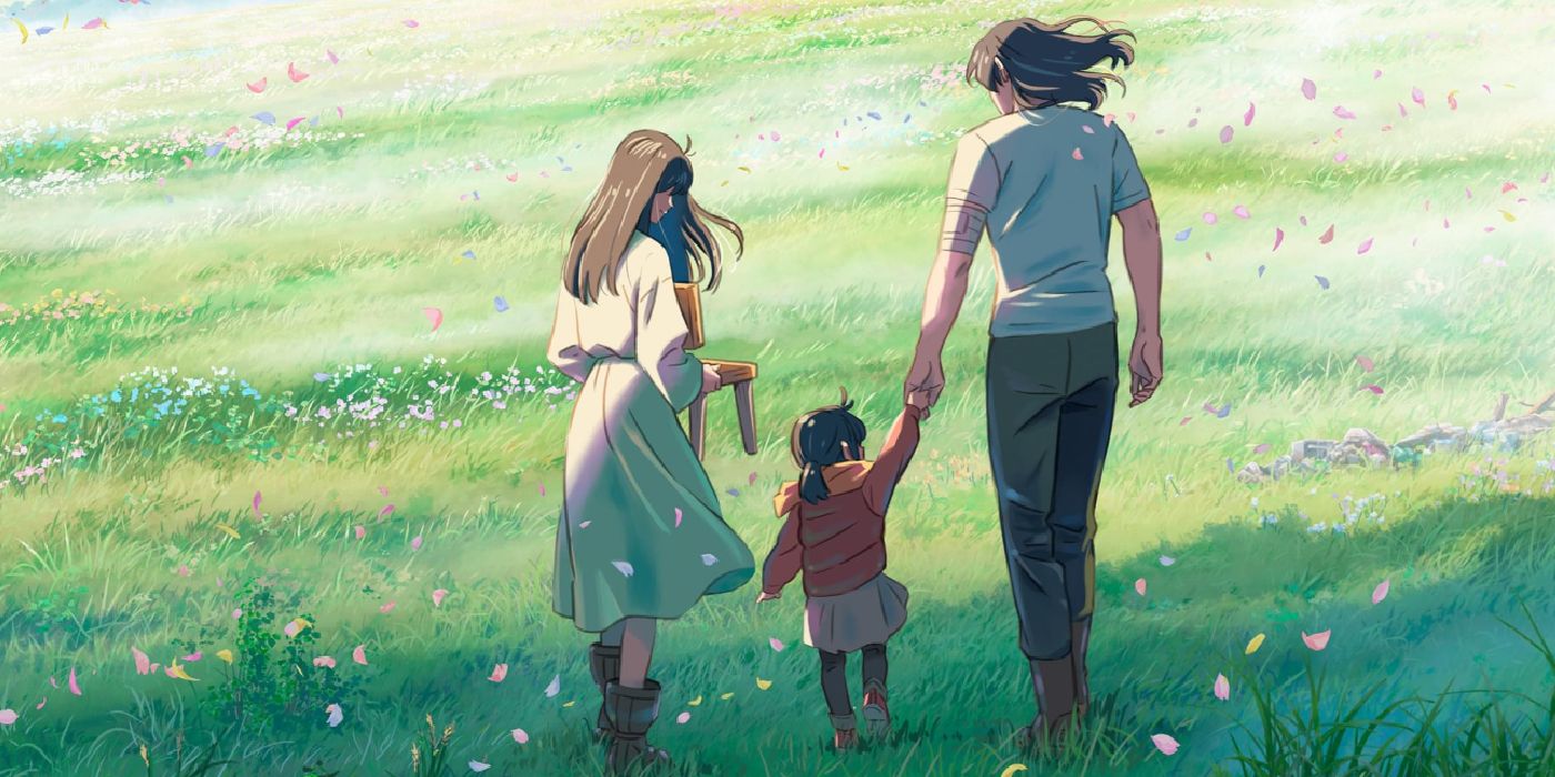 Suzume walking with a younger version of herself and Souta in a field of grass.