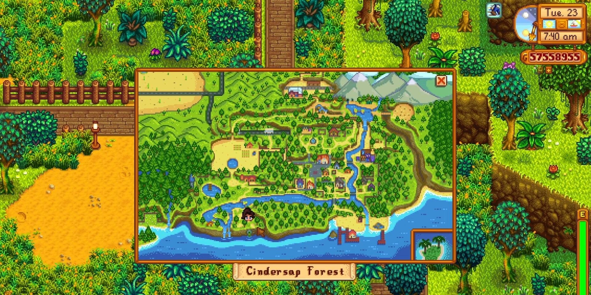 A tela do mapa de Stardew Valley, destacada sobre a Floresta Cindersap.