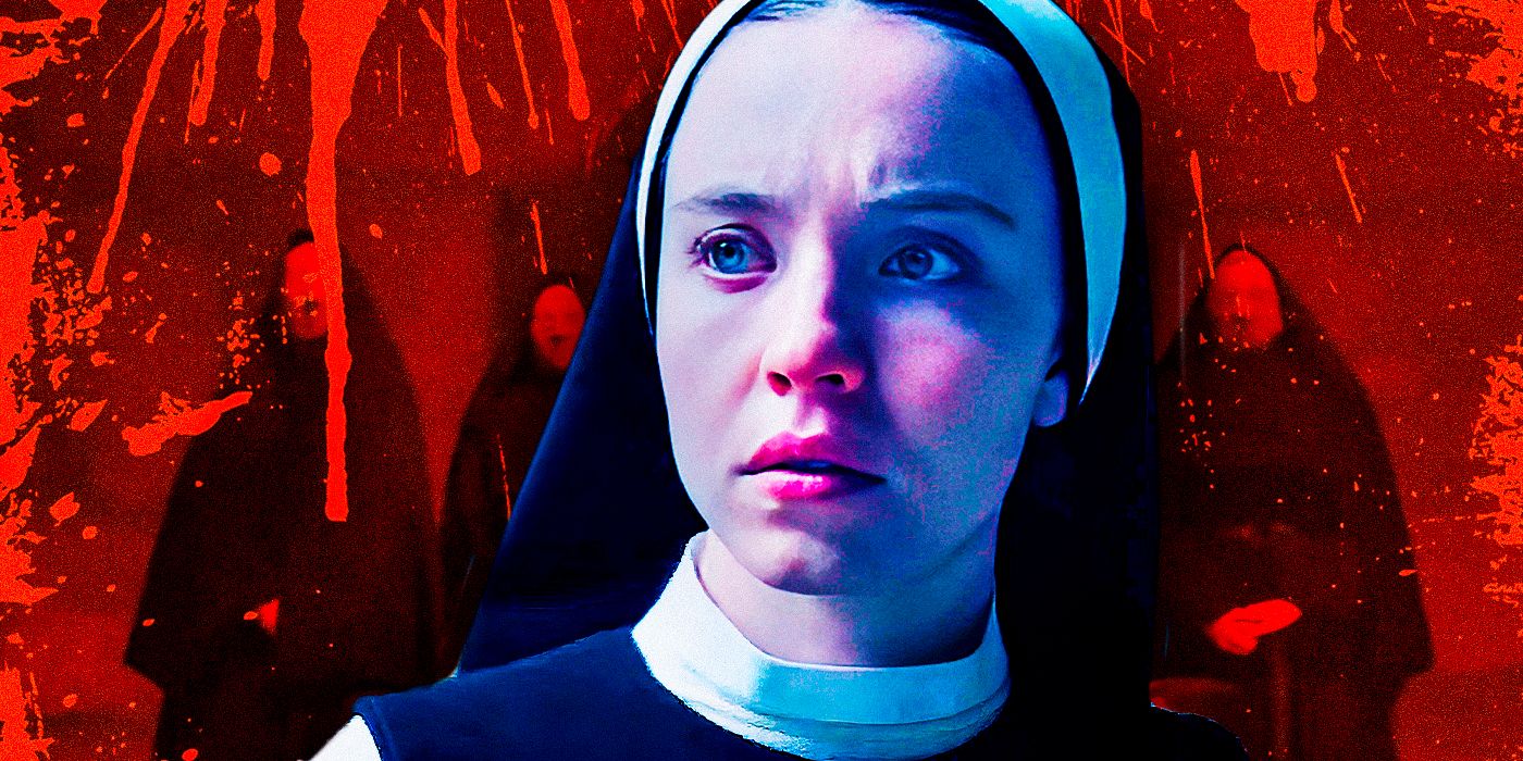 Sydney Sweeney as Cecilia looks scared in front of red-faced nuns in Immaculate
