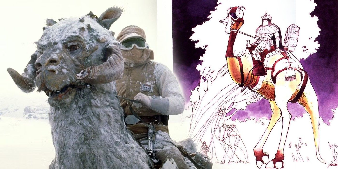 Luke Skywalker (Mark Hammil) riding a tauntaun on Hoth in The Empire Strikes Back next to the concept art of the animal, which looked more like an ostrich
